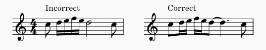 Example of rhythm written incorrectly and correctly